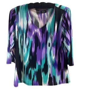 SHANNON FORD Womens Vneck 3/4 Sleeve Blouse Size Petite Large Purple Teal Black